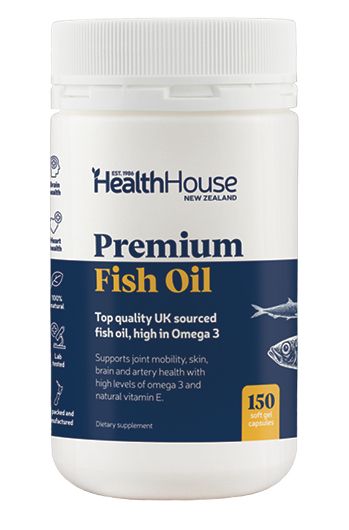 Top quality fish oil, high in Omega-3 for brain and artery health.